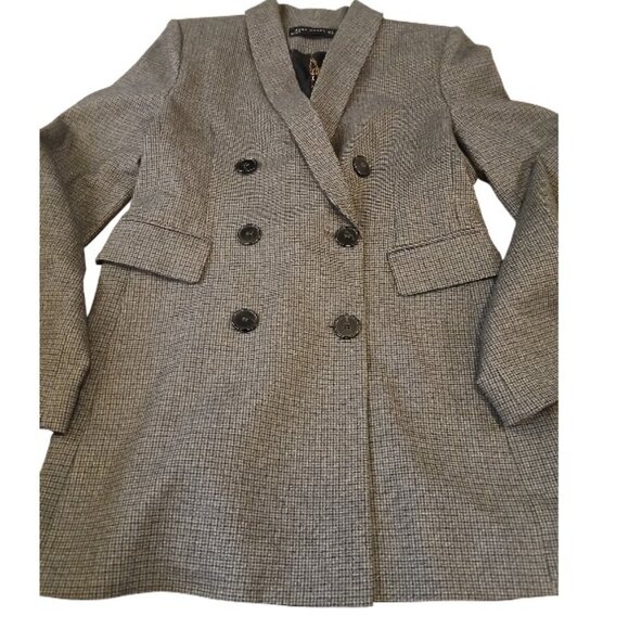 ZARA WOMAN Gray/Brown Houndstooth Double-Breast Blazer - Picture 1 of 10